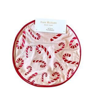 Isaac Mizrahi CANDY CANE Christmas Placemats 15in Embroidered Cotton Pink & Red